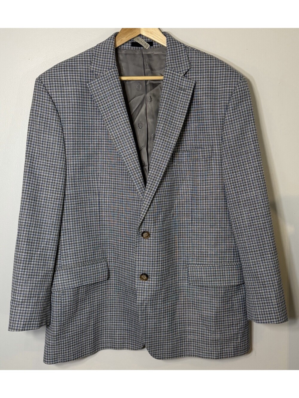 Lauren Ralph Lauren Blazer 46R Grey Blue Plaid Check Stretch Jacket Sport Coat
